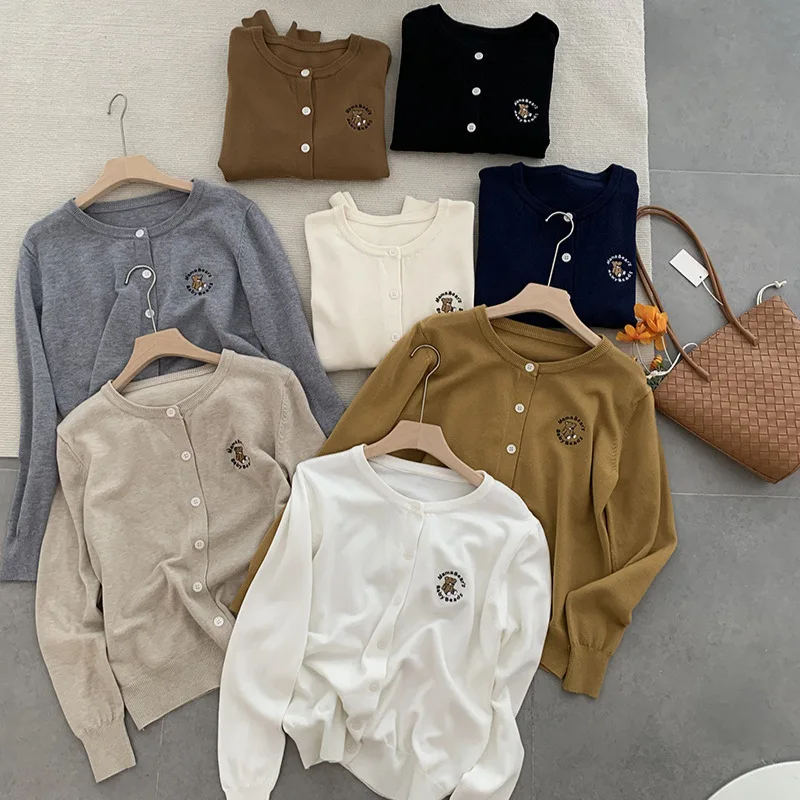 

2025 Vintage Long Sleeve Cardigan Women Sweater Embroidered Little Bear Elegant Knitted Tops Fashion Autumn Casual O-neck