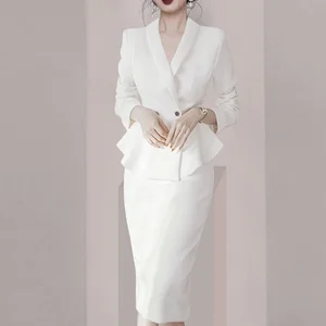 الربيع 2 قطعة تنورة الدعاوى مكتب السيدات الكشكشة السترة والقلم الرصاص تنورة متوسطة الموضة النساء الأعمال مقابلة البدلة مجموعات أعلى 12 مبيعات اللباس تنورة البدلات - No10