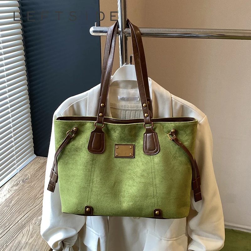 

LEFTSIDE Women PU Suede Shoulder Bag 2025 Winter Retro Soft Tote Bag Luxury Designer Trend Female High Capacity Green Handbags