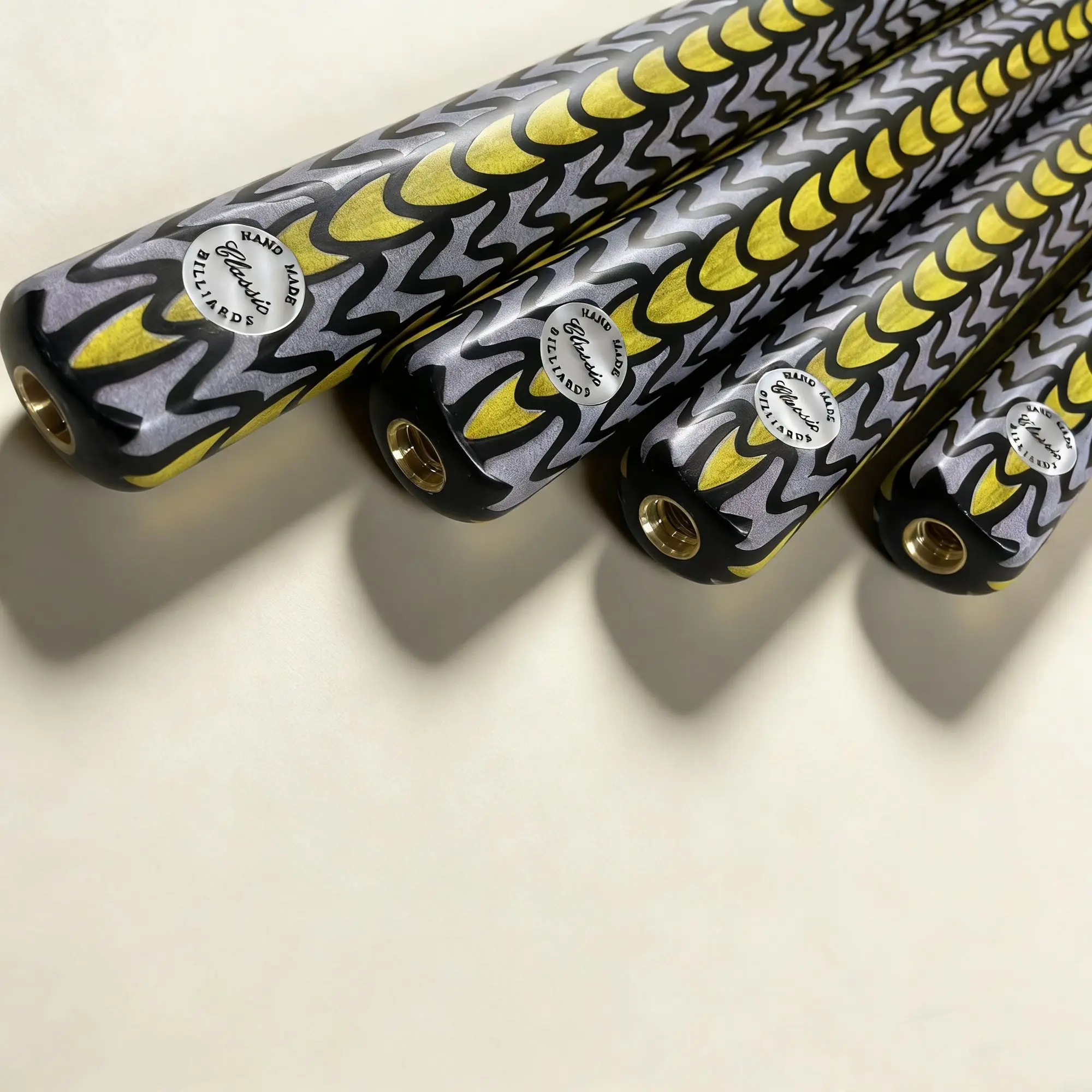 Handcrafted Billiard Pool Cue Stick With Stylish Yellow Black Pattern Wooden Grip Brass Joint Professional Snooker Equipment For