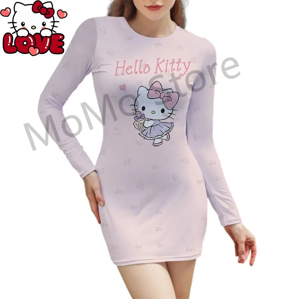 Robe de hanche à manches longues pour femmes Hello Kitty Sexy S-2XL col rond automne jeune femme vêtements dames mode Y2k fête 2024 impression 3D