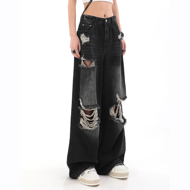 Gidyq Women High Waist Jeans Vintage Female Ripped Streetwear Wide Leg Pants American Style Casual Straight Denim Trousers