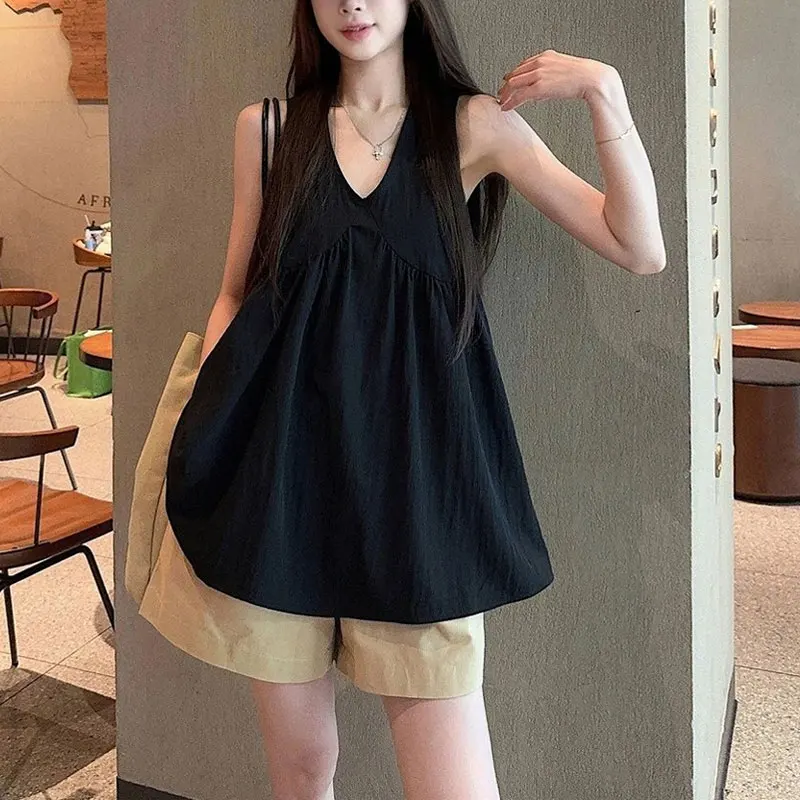 

Stylish Patchwork Loose Tanks Women's Clothing Korean V-Neck Tops Summer Casual Sleeveless Basic Solid Color French Style Camis