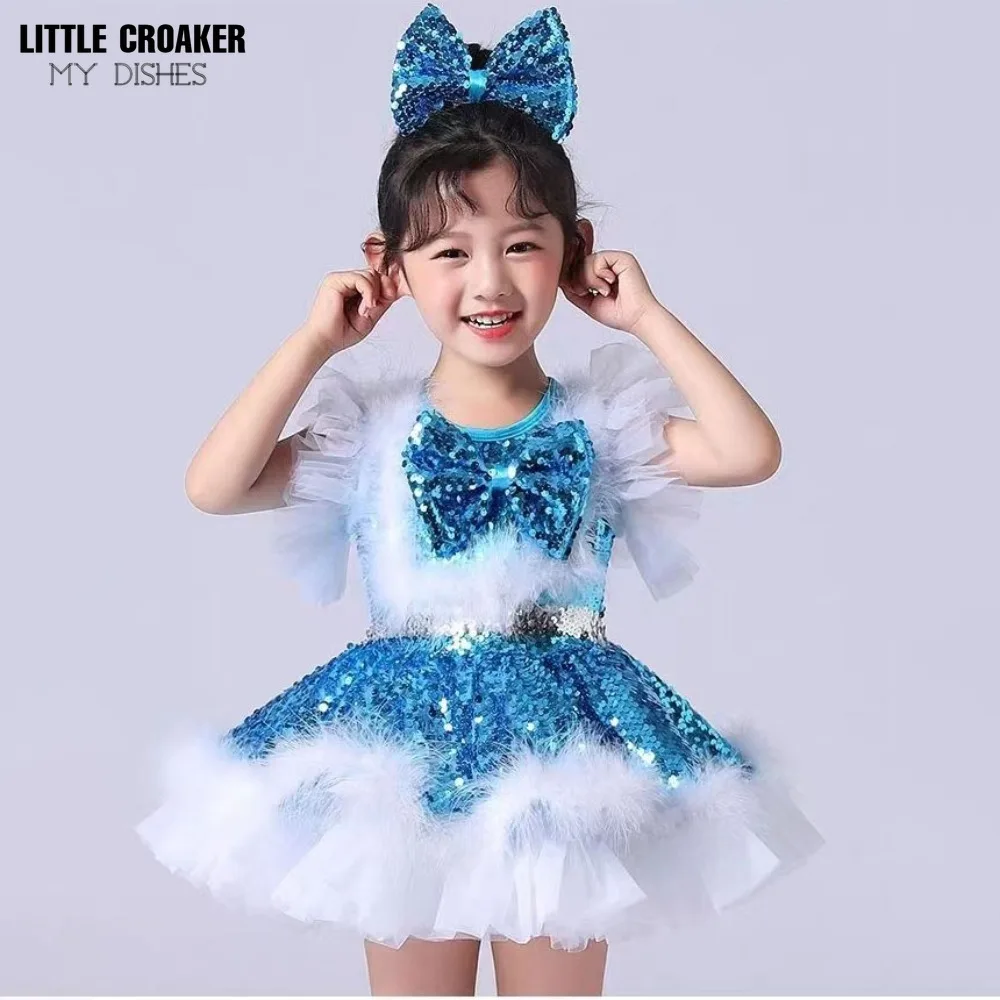 New Children Ball Gown Sequin Kids Bridesmaid Dresses for Girls Wedding Elegant Blue Pink White and Gold Party Dresses for Girl