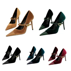 Women Pointed Toe 7cm 10cm Stiletto High Heels Party Mary Jane Pumps Lady Metal Buckle Prom Camel Strap Velvet Burgundy Shoes