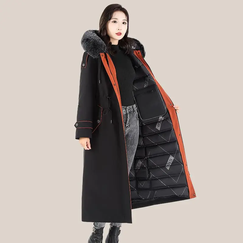 

Pai Overcome 90%New White Goose Down Can Be Opened Lining Long Over The Knee Jacket Fox Fur Collar Thick Down Coat Warm Overcoat