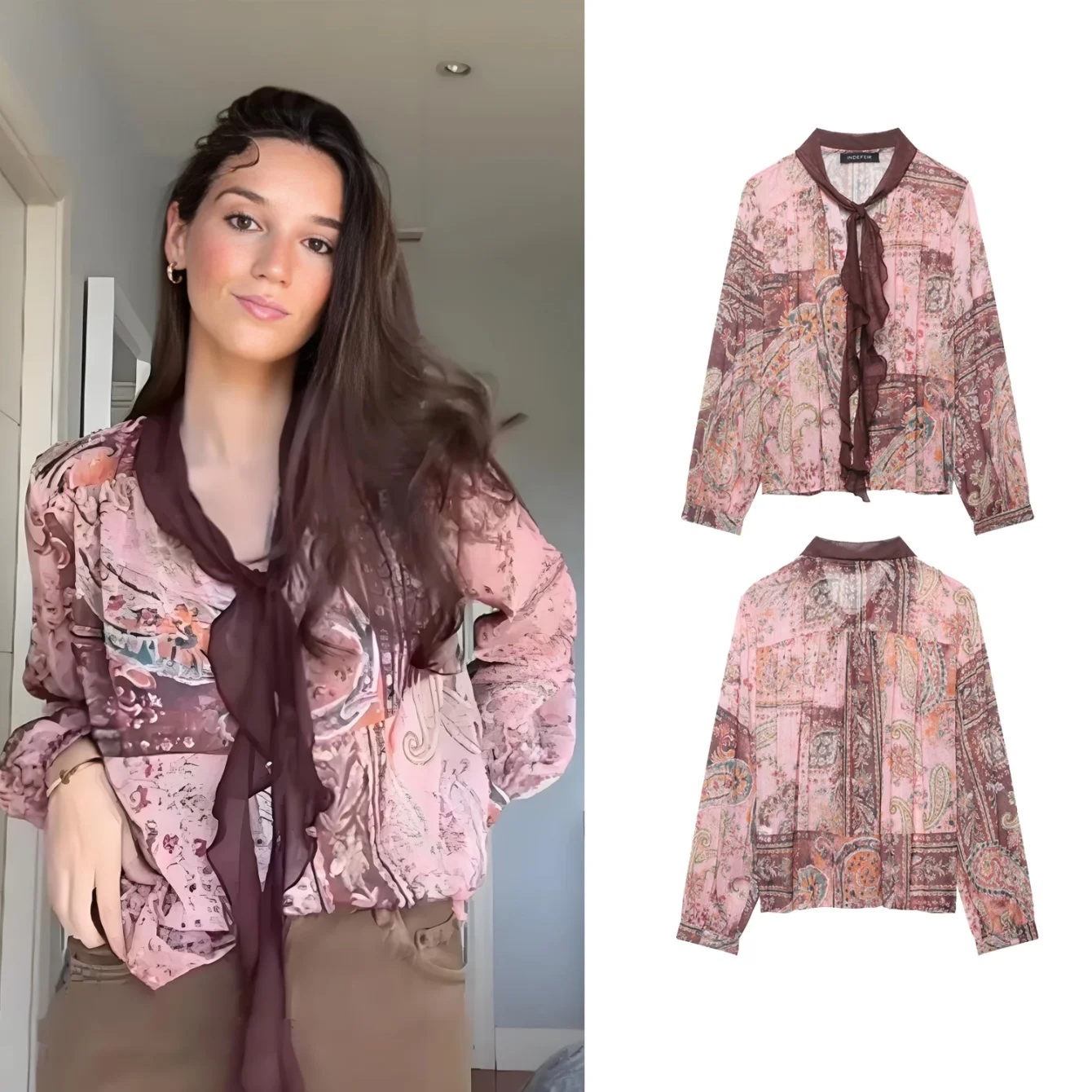 

Women Fashion Loose Print Shirts Spring New Female Pink Casual O-Neck Long Sleeve Shirt Tops Lady Bow Lace Up Holiday Blouses