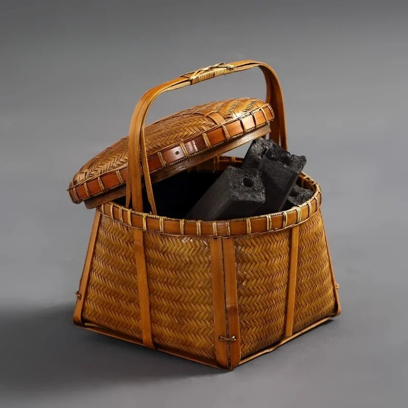 Chinese Style Hand Baskets Handmade Weave Bamboo Storage Basket with Cover Portable Charcoal Basket Tea Room Charcoal Cage