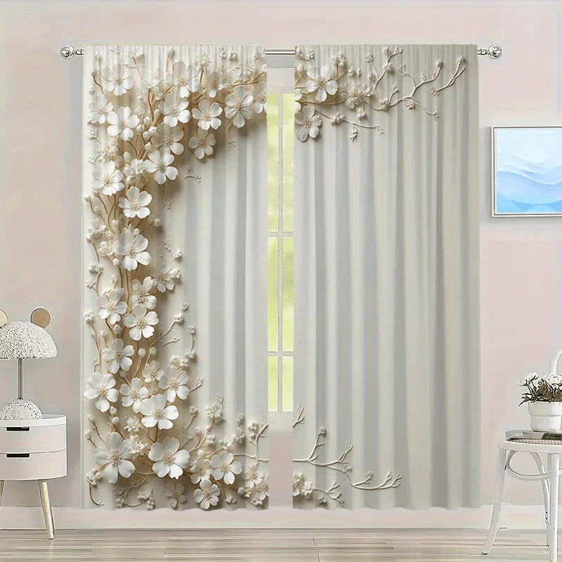 2 Pcs Elegant White Floral Blackout Curtains – for Living Room Bedroom Dining Room, Adding Natural Beauty & Cozy Ambiance