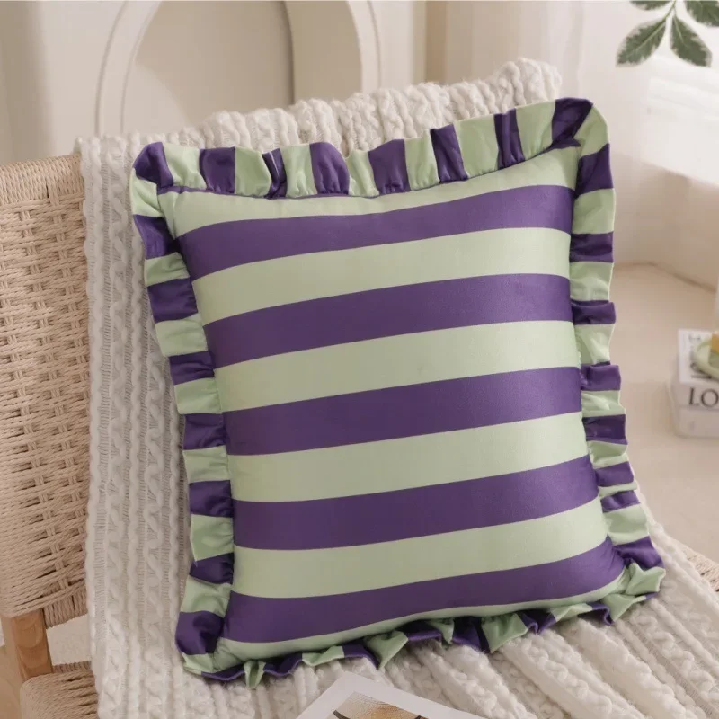 2pcs Color Striped Dutch Velvet Lotus Leaf Skirt Edge Pillowcase Home Fabric Sofa Decor Pillow Cover No Fading 45X45cm No Core