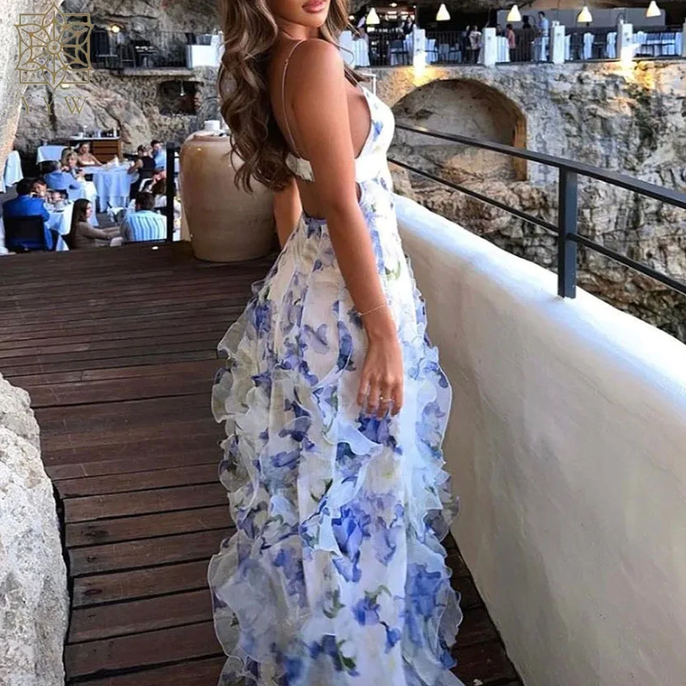 Vestido longo azul frilled feminino, sexy com decote em v, sem mangas, ajuste fino, sem encosto, floral estampado, noite, verão, 2024