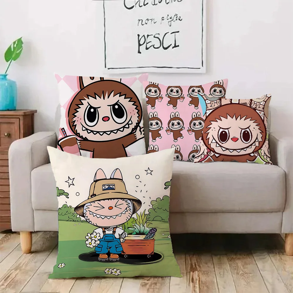 Hot Lovely Labubu Skulls Pillow Covers Cartoon Sofa Decorative Home Double-sided Printing Short Plush Cute Cushion Cover