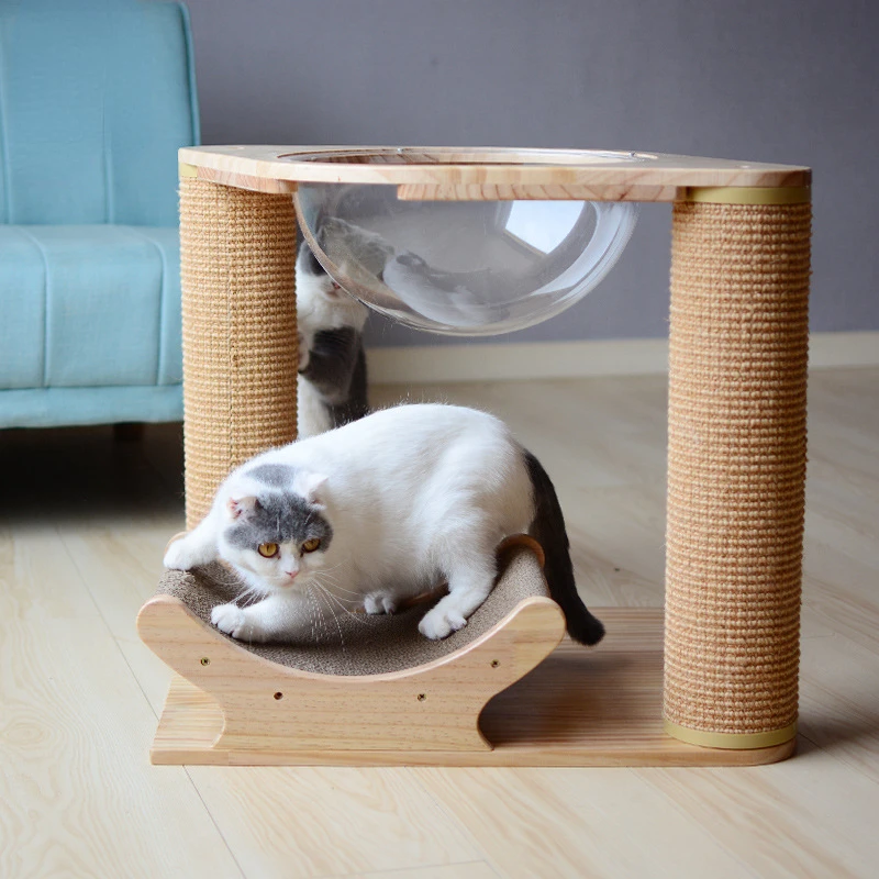 Large Solid Wood Sisal Cat Scratching Post Cat Climbing Frame Cat Nest One Acrylic Space Nest Corrugated Paper Scratching Board