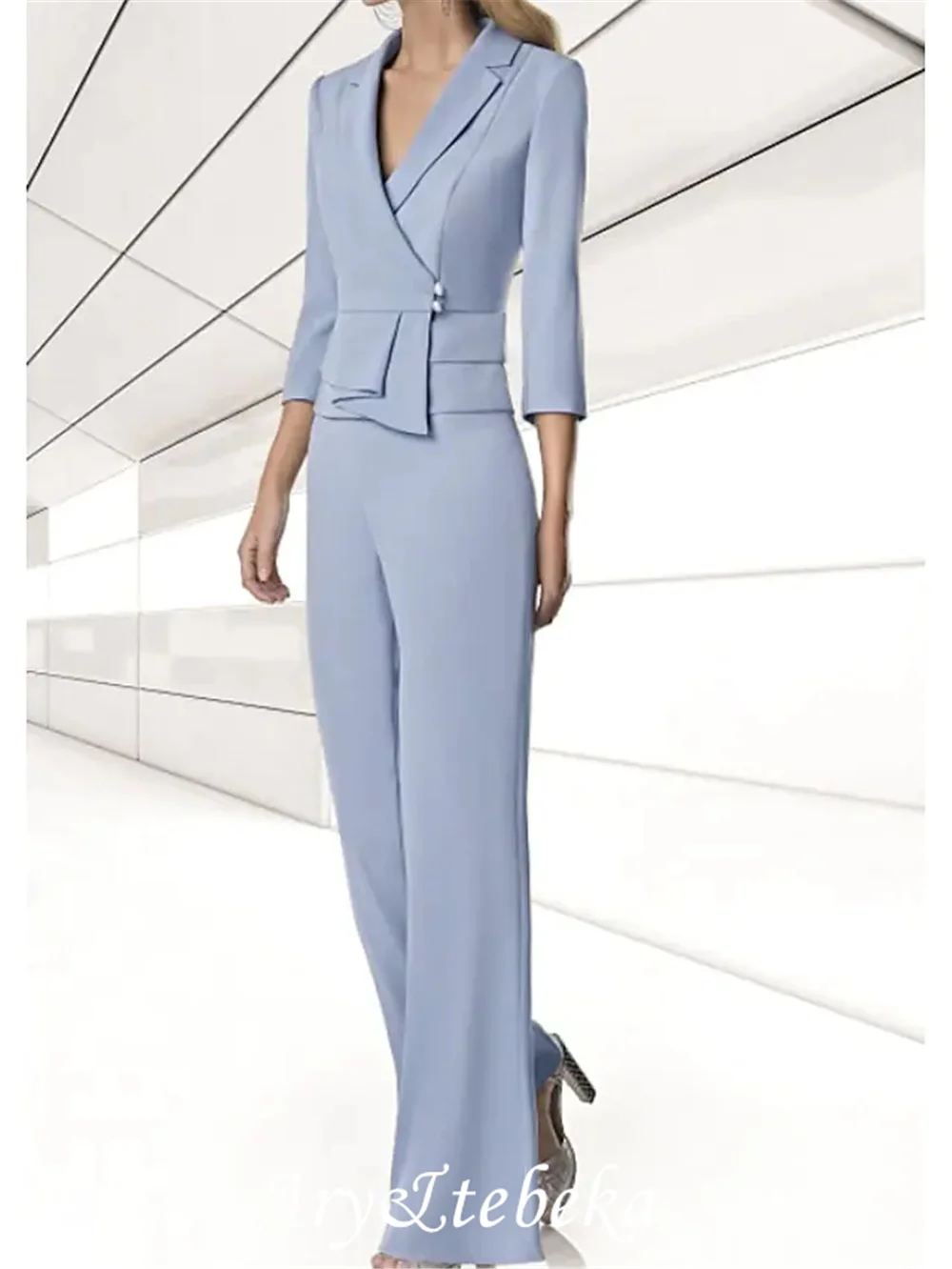 

Two Piece Pantsuit Mother of the Bride Dress Elegant V Neck Floor Length Stretch Chiffon 3/4 Length Sleeve with Buttons