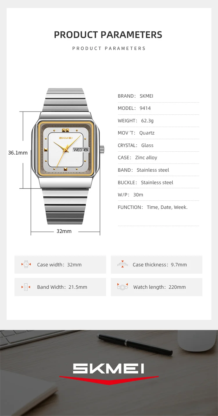 SKMEI 9414 Simple Square Dial Calendar Week Stainless Steel Strap Quartz Watch Men's Waterproof Business Mens Watch Reloj Hombre