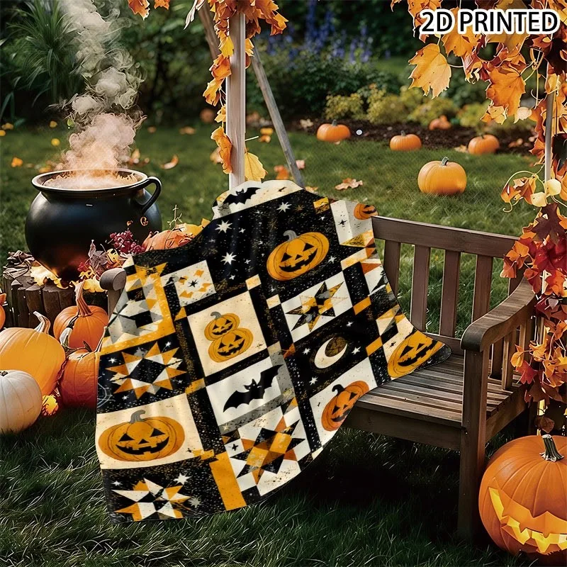 Playful Halloween Patchwork Throw Blanket - Black Background with Spooky Pumpkins, Bats, Spider Webs & Geometric Quilt Patterns