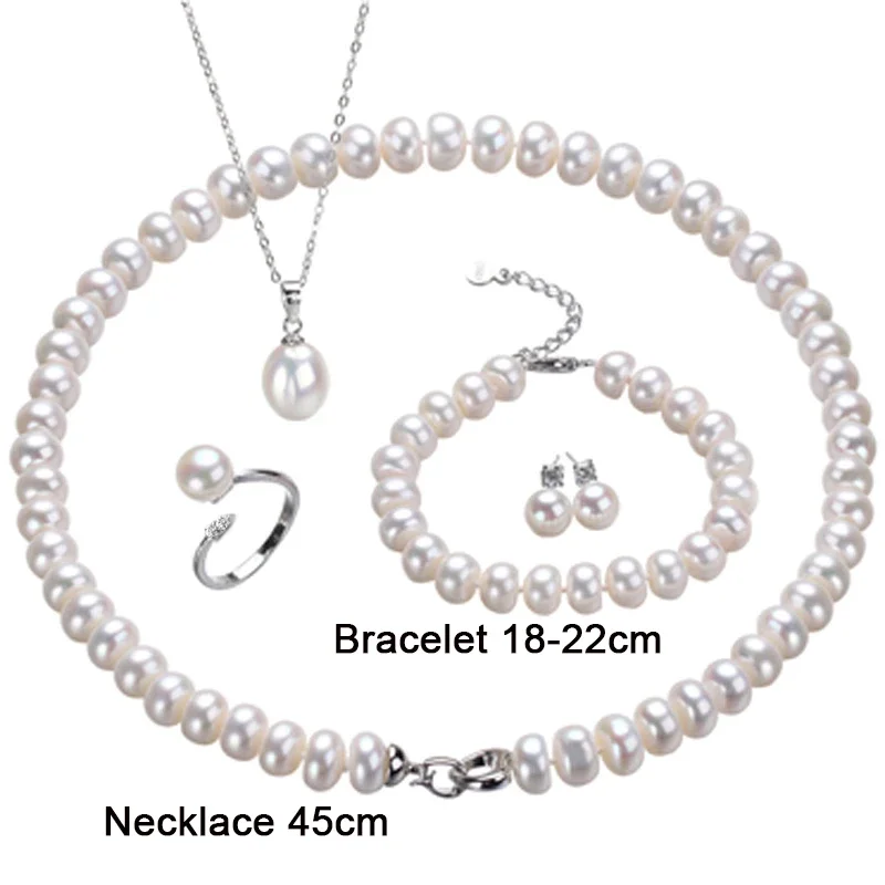 Imagem -02 - Conjunto de Joias de Prata 925 Conjunto de Joias da Moda com Pérolas Reais para Mulheres Colar de Pérola de Água Doce Natural com Pulseira Brincos e Anéis