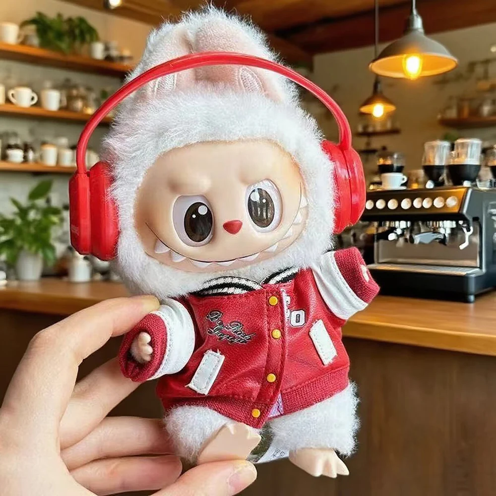 

Одежда для Labubu, модная красная куртка, черные вельветовые брюки, красные наушники, полипропиленовая обувь, очки, наряд для 1,0 2,0 3,0 поколения