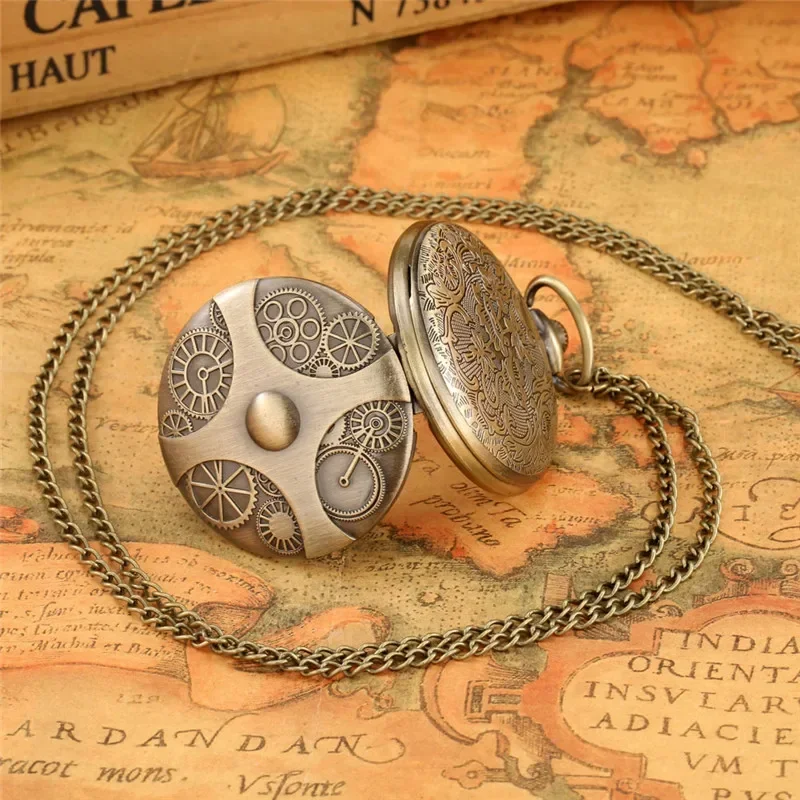 

Бронзовые полные охотничьи механизмы, мужские и женские кварцевые карманные часы с рисунком колеса, винтажное ожерелье, цепочка для свитера, полные часы для охотника