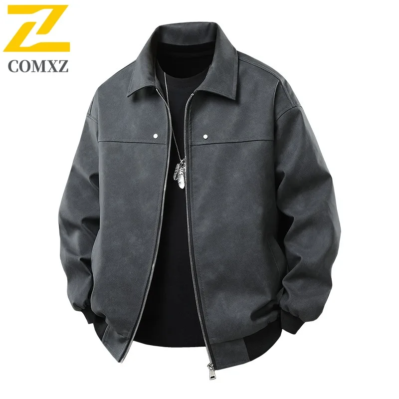 

COMXZ Mens Leather Jacket Classic Stand Collar American Lightweight Motorcycle Coat Solid Color Comfortable Autumn Clothing