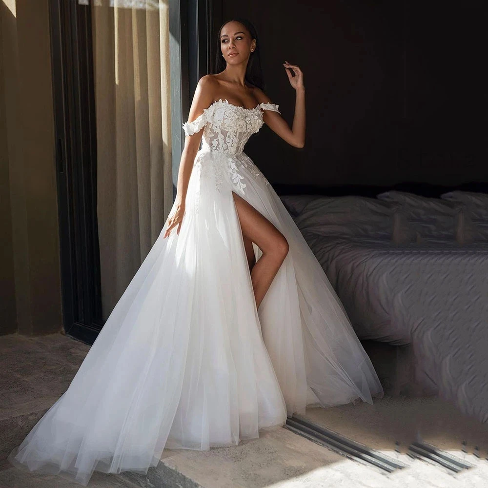 

2024 Women's 3D Appliques Off Shoulder Wedding Dress with Slit for Bride Brush Train A-Line Bride Gowns Corest Robes De Mariée