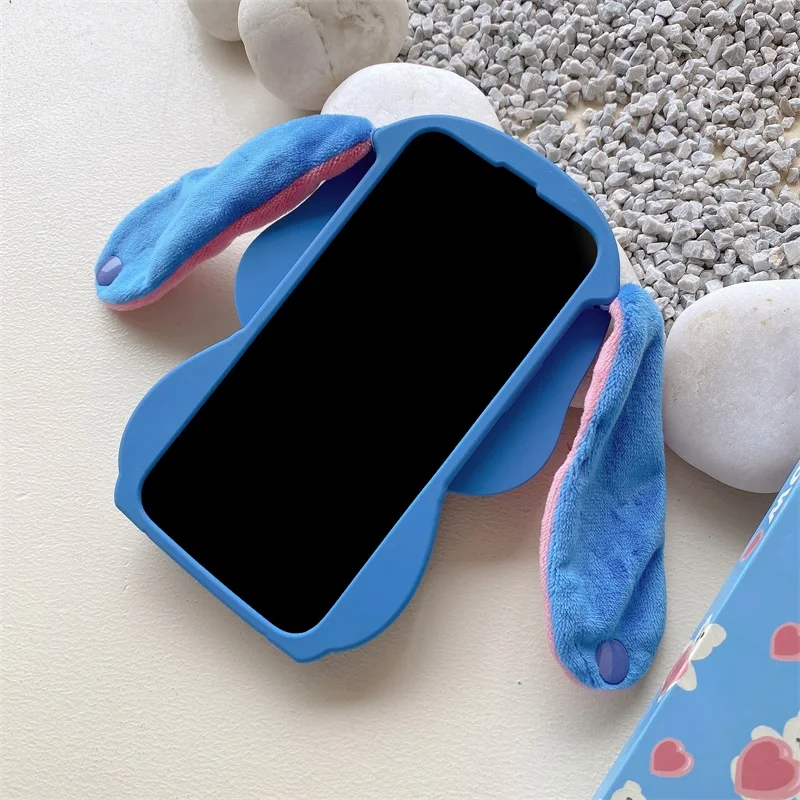 Bandai 3D Silicone Cartoon Phone Case Stitch For iPhone 14 13 12 11 15 16Pro Max Fluffy Fur Plush Ear Stitch Cover Men Kids Gift