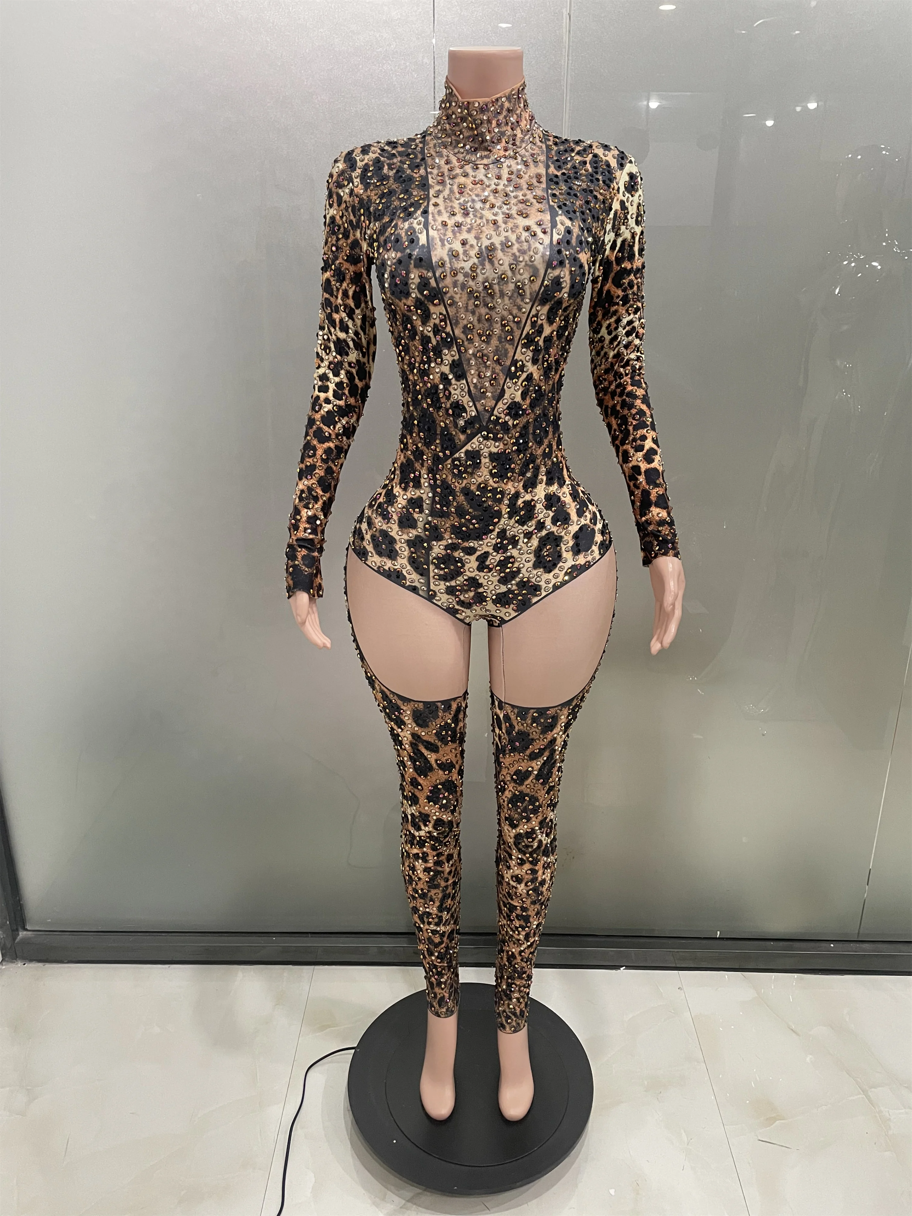 

Sexy Leopard Tight Jumpsuit Elastic Long Rhinestones Sleeve Printed Leotard Women Singer Dancer Stage Performance Dance Costume
