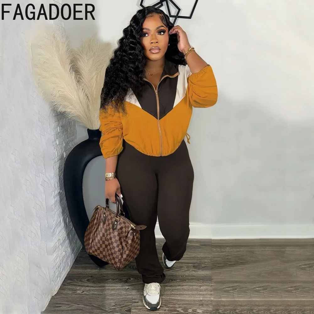 FAGADOER Autumn New 2 Piece Sets Outfit Women Fashion Zipper Short Coat and High Waist Bodycon Pants Suit Sporty Streetwear