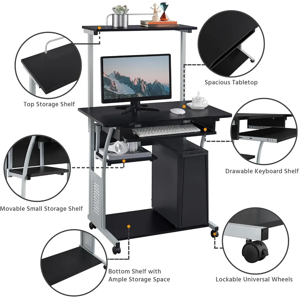 Mesa do computador móvel com prateleira da impressora, bandeja do teclado, mesa rolante para pequenos espaços, 3 níveis