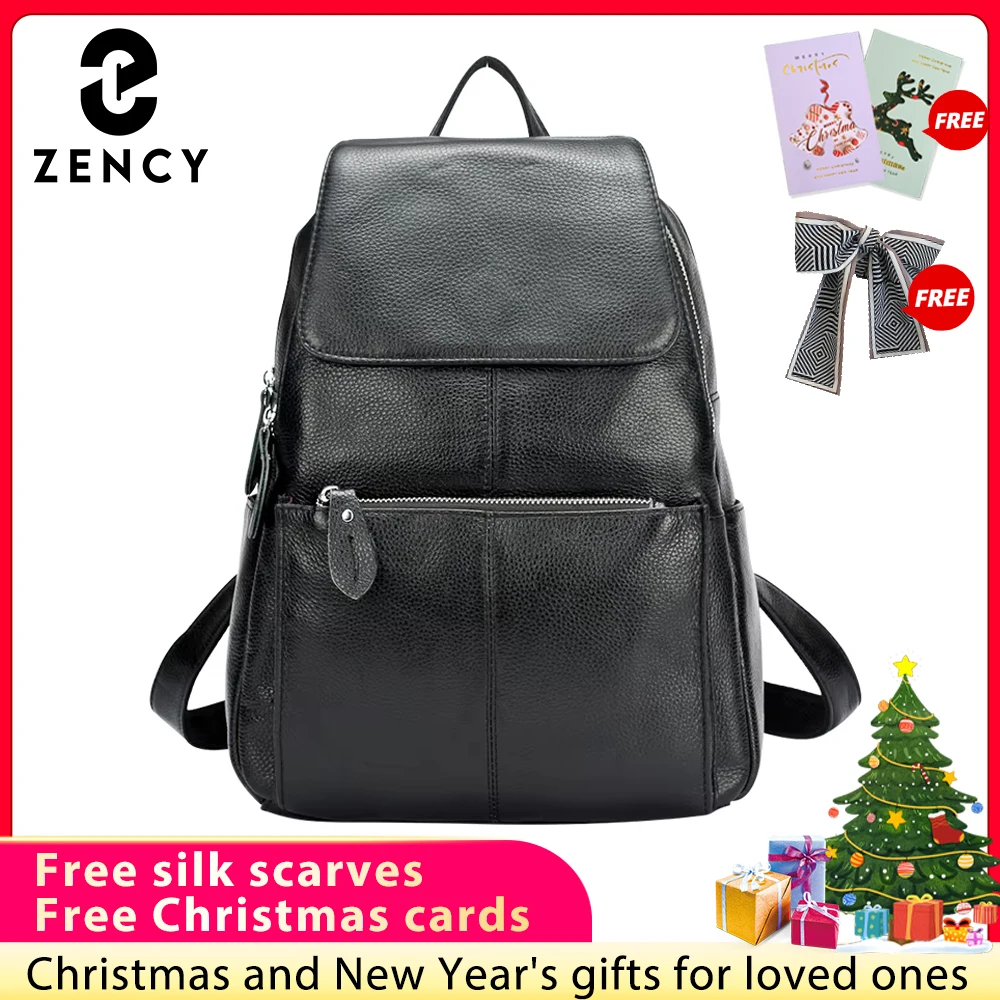 حقيبة ظهر نسائية من الجلد الطبيعي من Zency ذات جودة عالية وسعة كبيرة حقيبة سفر حقيبة مدرسية كتف للسيدات باللون البيج والأسود
