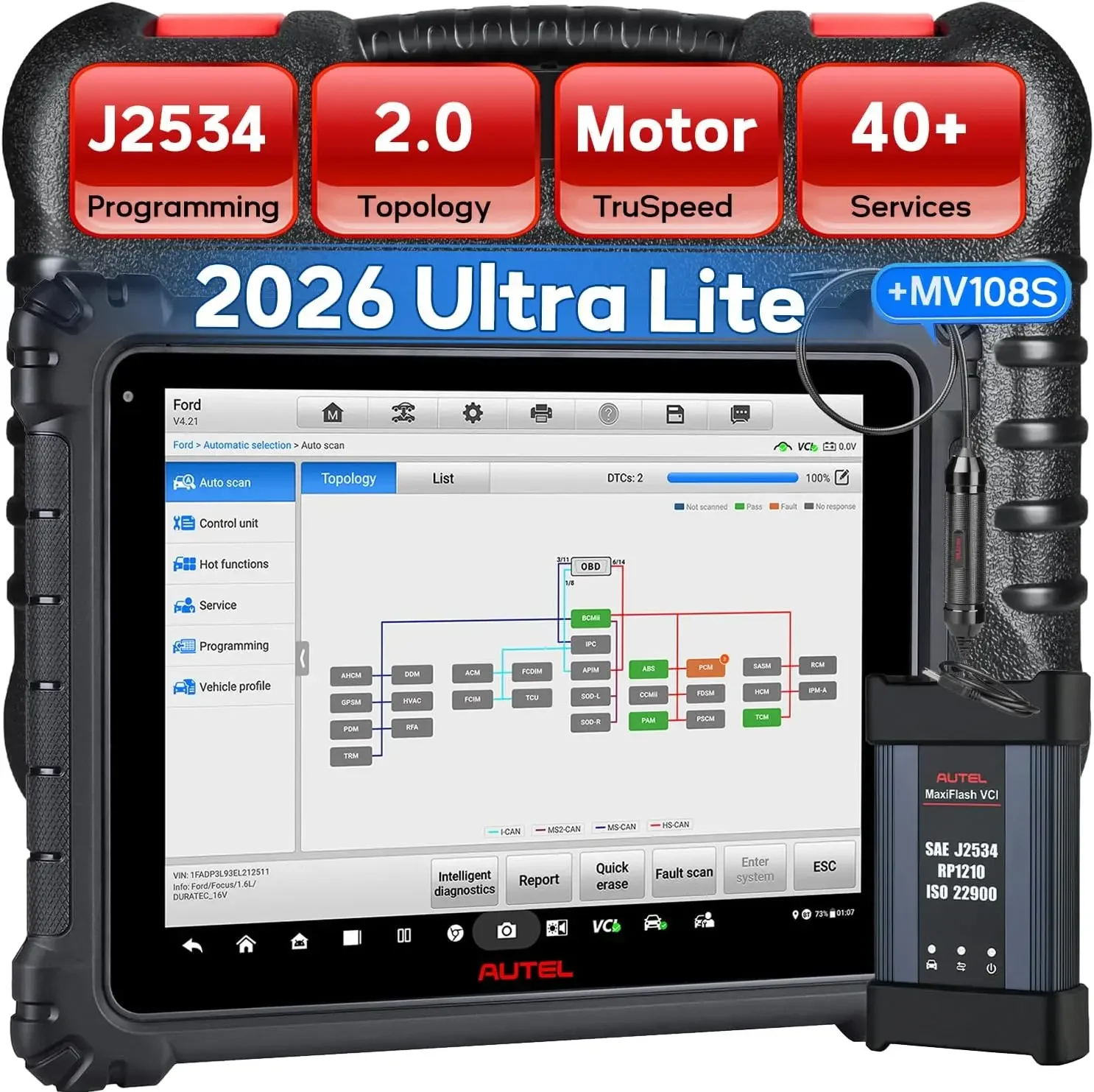 Autel MaxiCOM Ultra Lite Automotive Diagnostic Scanner, with MV108S | 2-Year Free Updates, J2534 Programming, Topology Mapping, DoIP CAN FD, FCA SGW, Motor TruSpeed, 40+ Services, 150+ Makes
