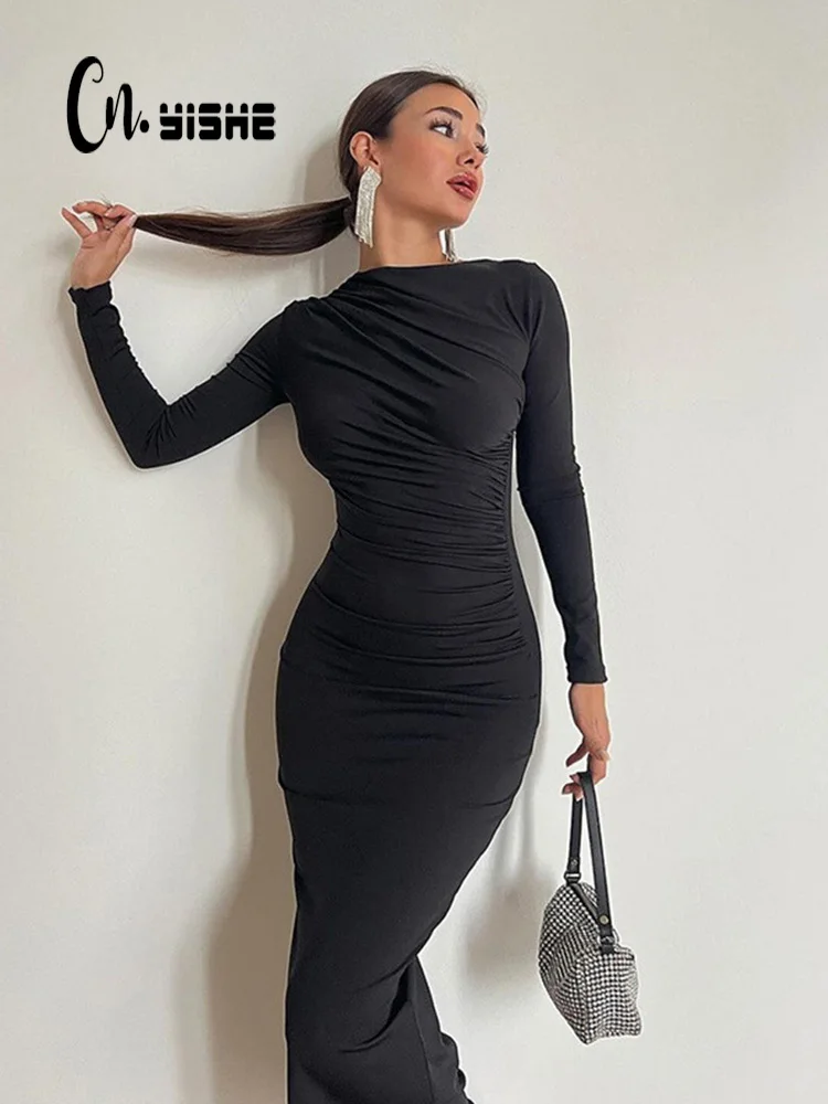 

CNYISHE Elegant Zipper Sexy Party Club Women Dresses Long Sleeve Fashion Streetwear Sheath O Neck Bodycon Female Vestidos Robes