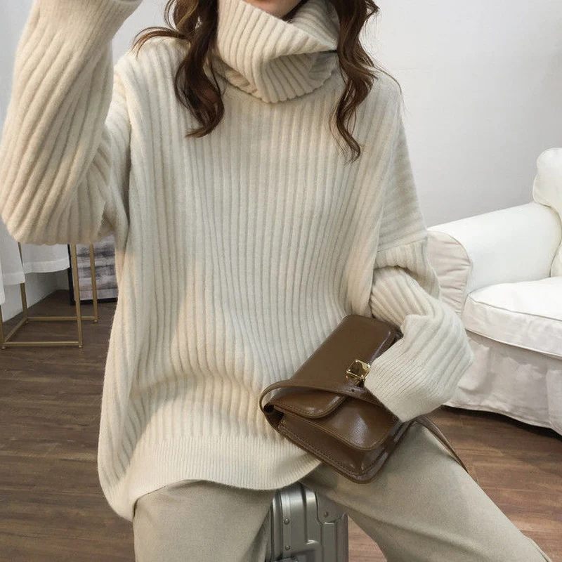 Autumn Winter New Solid Color Fashion Long Sleeve Sweater Women High Street Casual Loose Thicken Pullovers Elegant Warm Tops