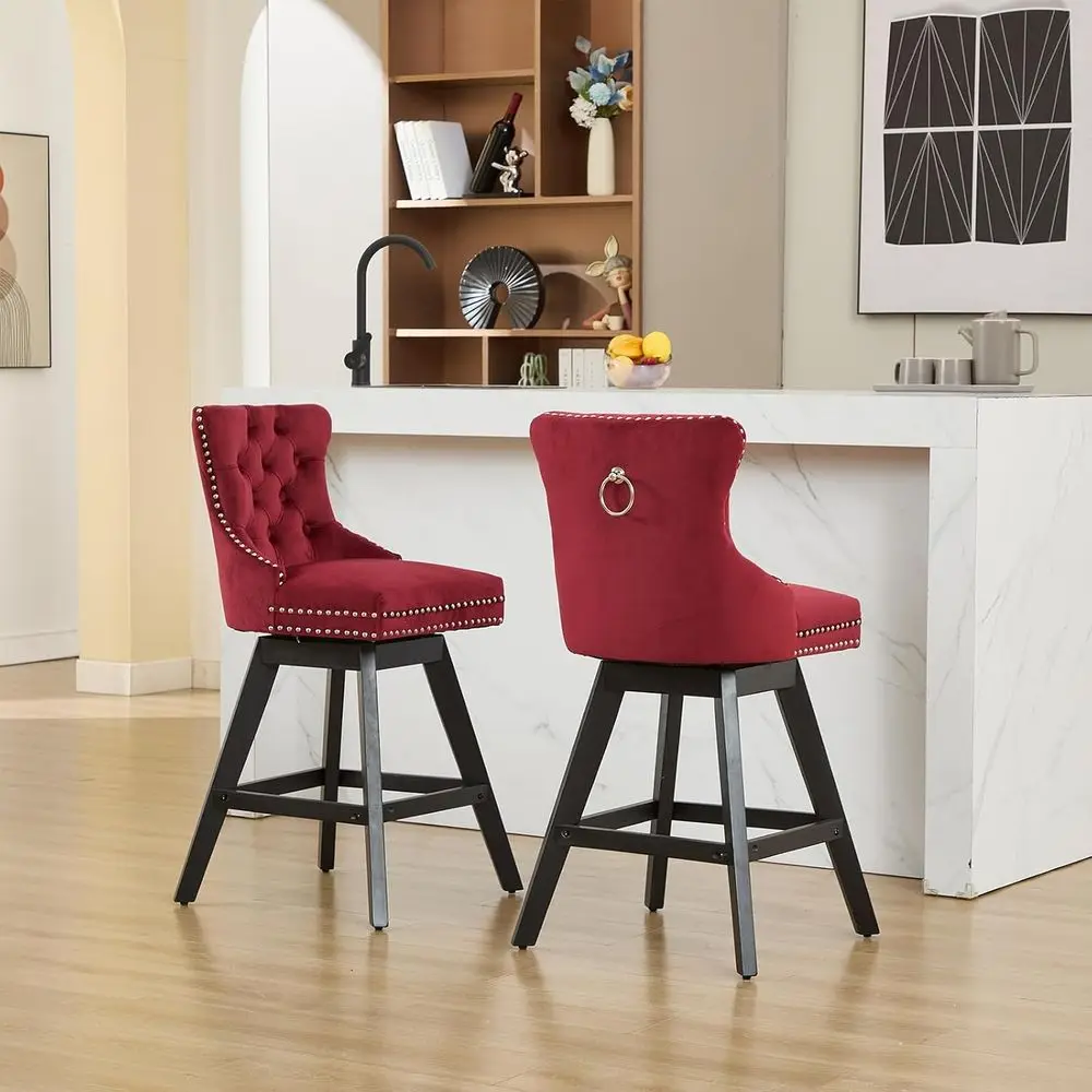 Swivel Counter Height Bar Stools Set of 2, Upholstered with Button-Tufted Back, Rivet Trim, Solid Wood Legs, 26 Seat Height, Win view 2