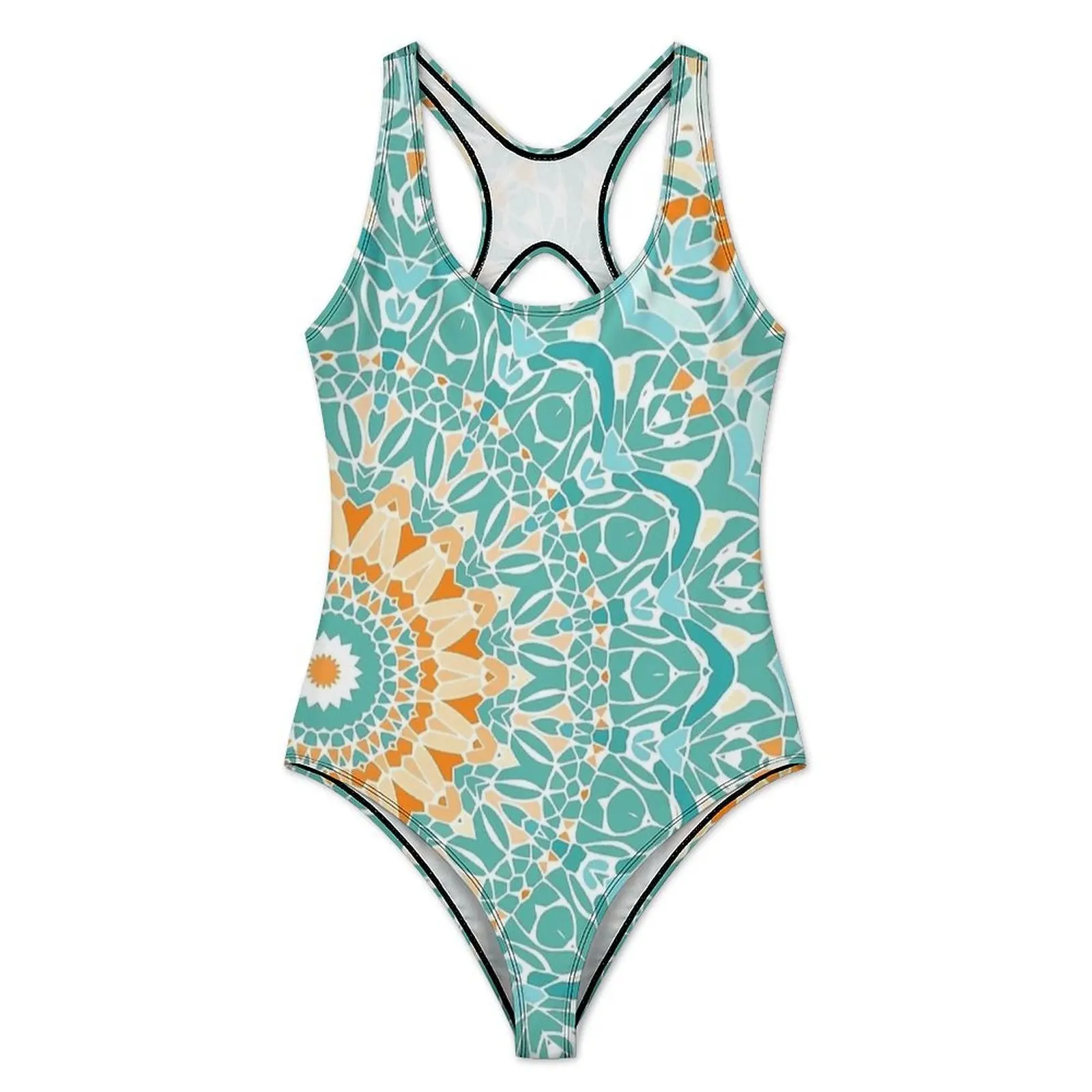 Retro Mosaic Mandala Print Swimsuit Push Up Swimwear One Piece Sport Bathing Suits Bodysuit Sexy Print Beach Outfits Large Size