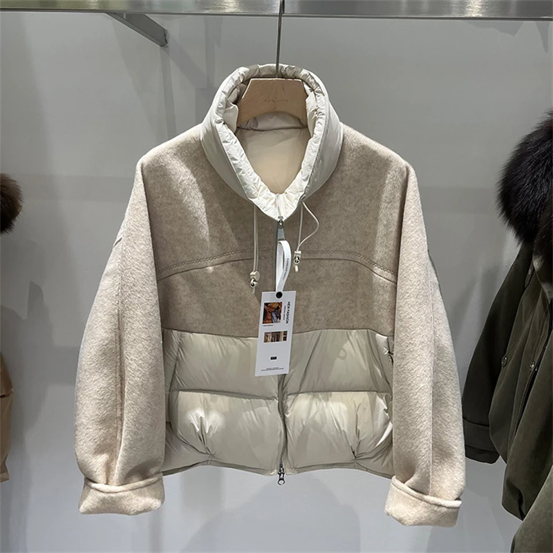 Women's Short, Loose, Casual Warm White Duck Down Jacket with Stand Collar and Contrasting Wool-Blend Sleeves (New Winter Style)