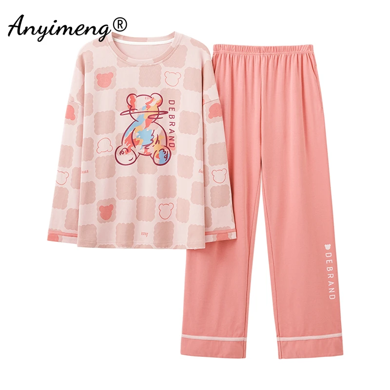 High Quality Sleepwear 100% Pure Cotton Soft Skin Friendly Pijama Perro Long Pink Bear Printed Kawaii Youth Girl's Pajama Korean