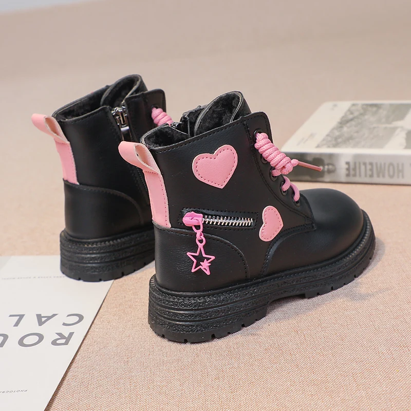 Pink/black Girls Leather Boots with Low Cut Anti Slip Side Zipper Winter Outdoor Girls Fashion Cotton Boots Sandalias De Mujer