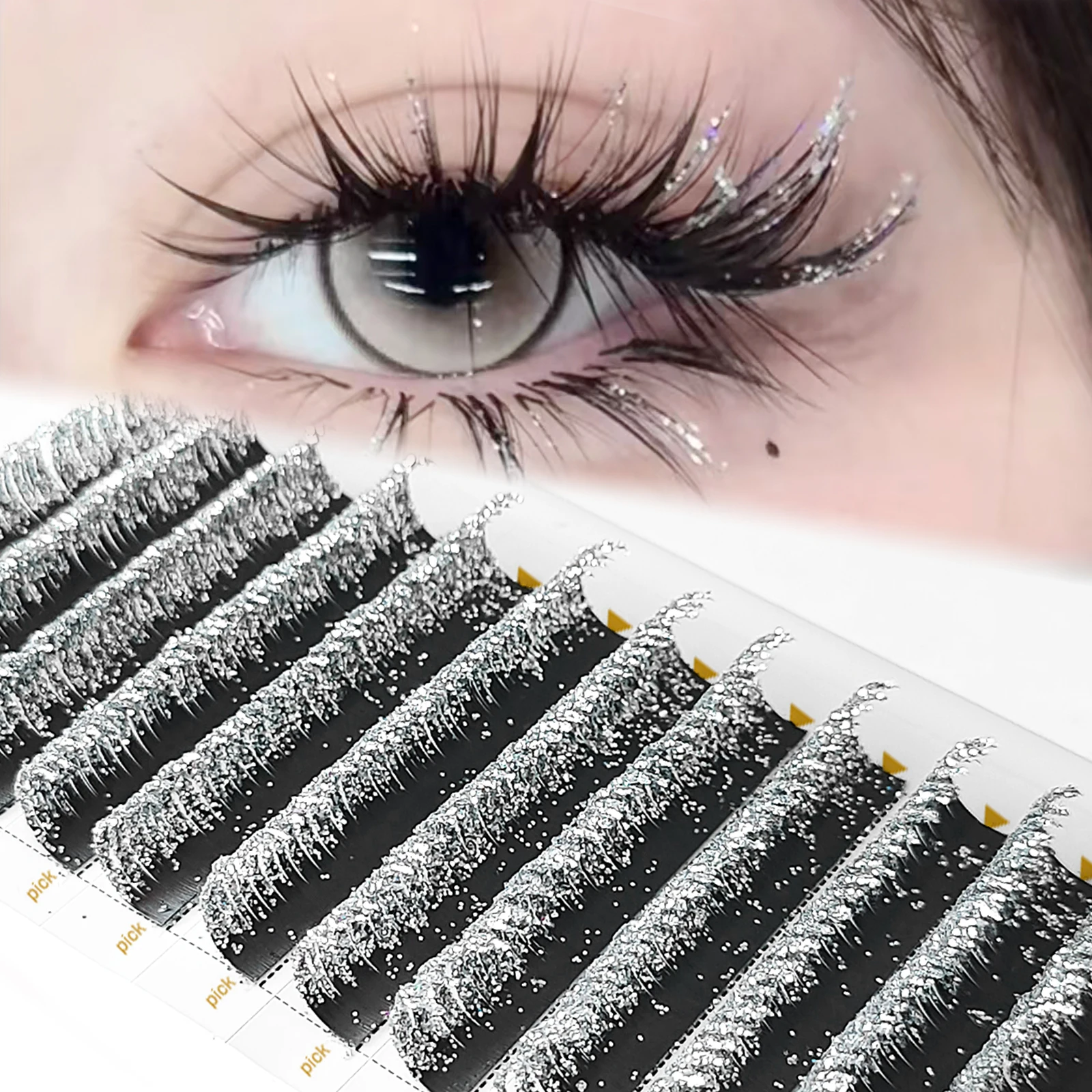 Honey Silvery Glitter Eyelash Extensions Wedding Lashes D Curl 0.07 Thickness 10-15mm DIY Diamond Eyelashes