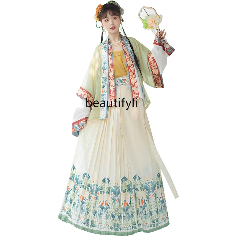 

Color Lotus] Song Long Sleeve Short Shirt Half Sleeve Beizi Waist Pleated Skirt Spring and Summer Women's Han Chinese Clothing