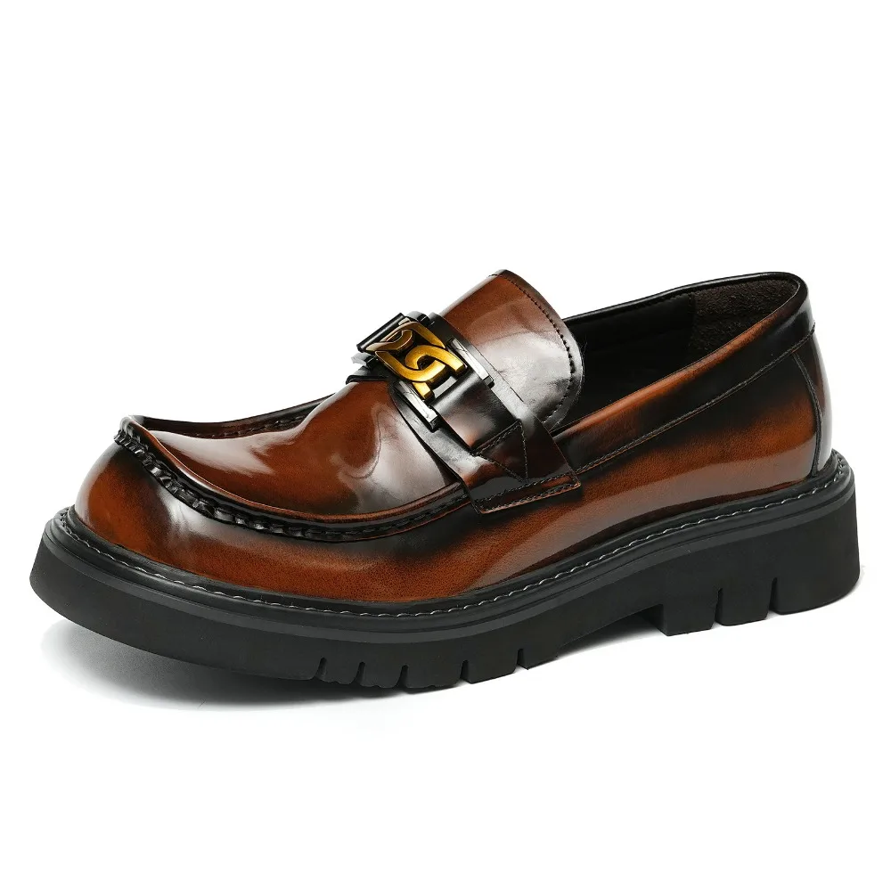 Men Business Casual Shoes Genuine Leather Round Toe Slip On Thick Soled Loafers Male Footwear
