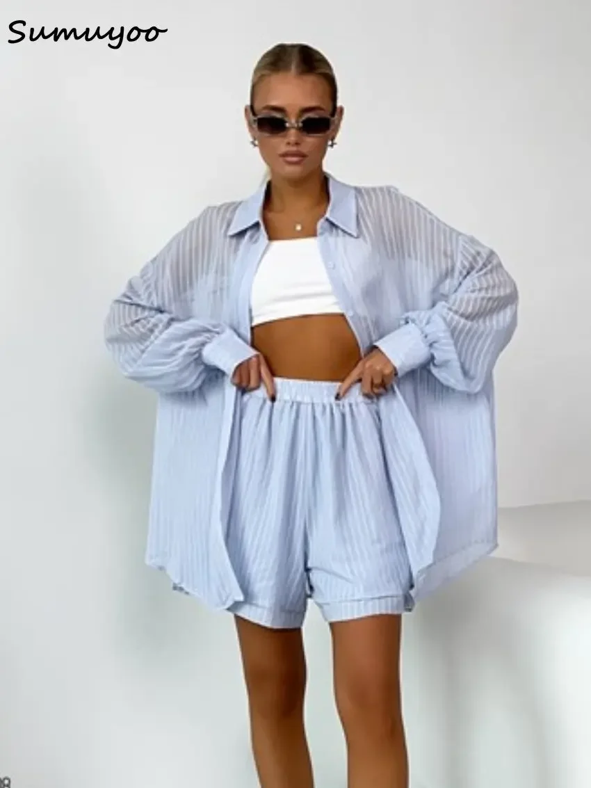 Sumuyoo Summer Stripe Holiday Women Suits 2 Pieces Elegant Jacquard White Shorts Set Elastic Waist Wide Shorts Casual Outfit