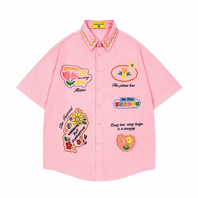 

MAQVOB EU US Size High Quality Retro Fun Small Flower Letter Embroidery Short Sleeve Shirt for Men Summer Pink Shirt