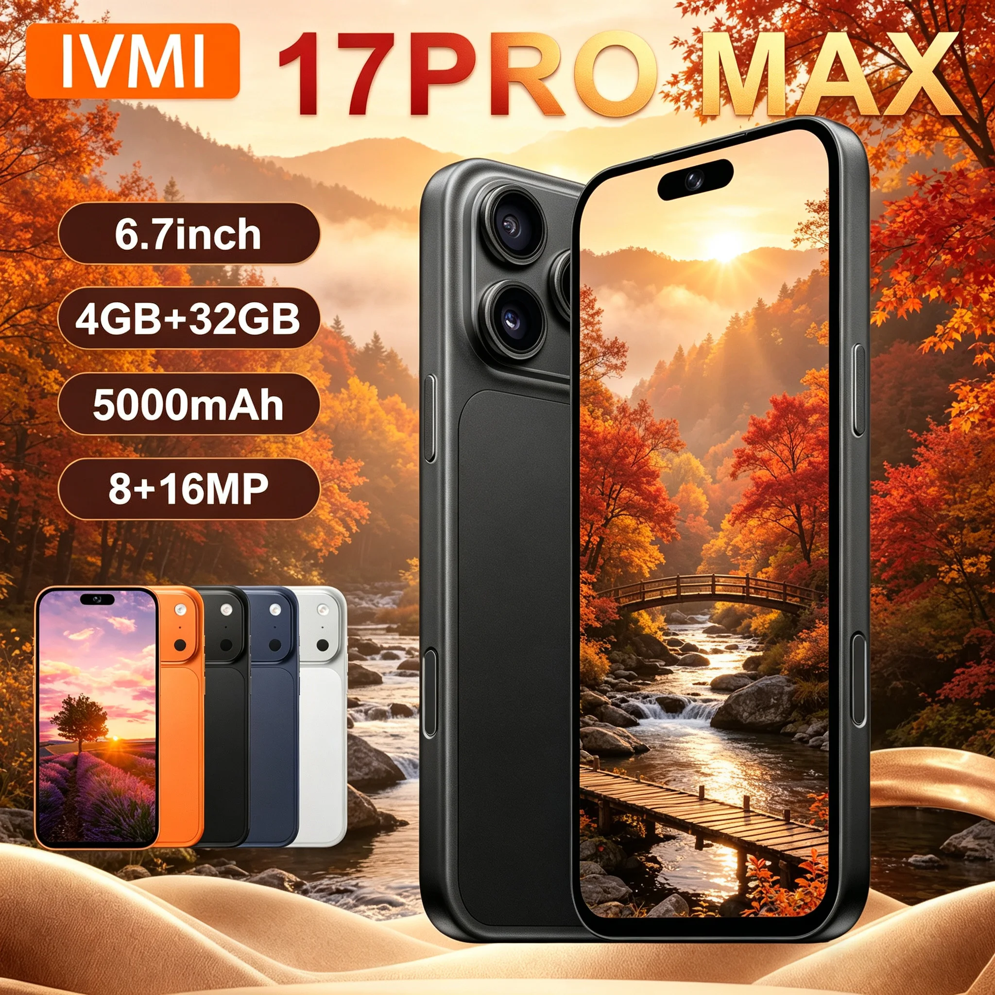 IVMI 17Pro Max Smartphones 4GB RAM 32GB ROM Android Dual SIM Fingerprint Face ID WIFI Google Play Store GPS Mobile Phones