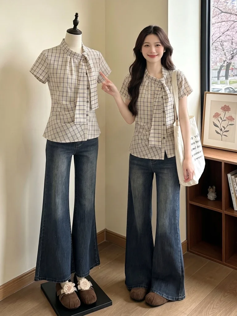 

Korean Style Plaid Short Sleeve Shirt Women's plus Size Summer New Style Big Code Micro Fat MM Anti Aging Small Shirt Slimmin...
