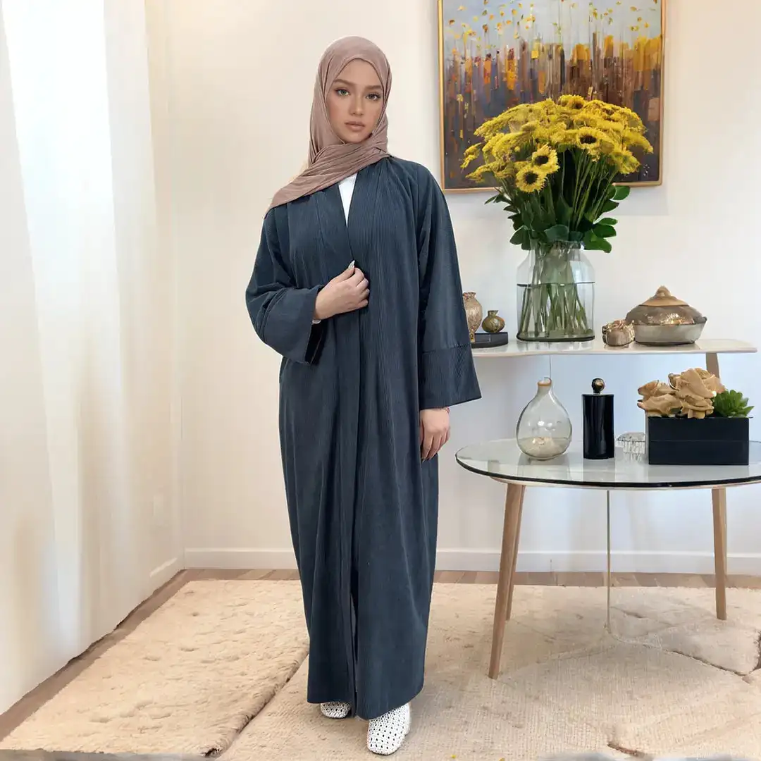 Eid Corduroy Abaya Winter Kimono Cardigan Ribbed Abayas for Muslim Women Dubai Luxury Turkish Islamic Kaftan Hijab Robe Ramadan