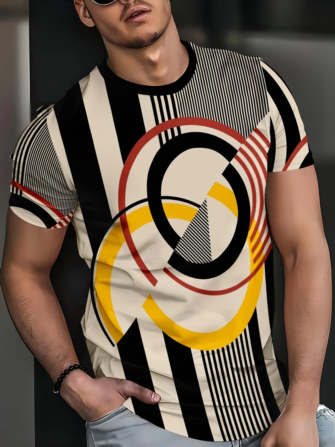 Herren Rundhals-T-Shirt mit 3D-Streifen, geometrischem Kreis und Farbblock-Print, Lässige Oberteile – Detail 1