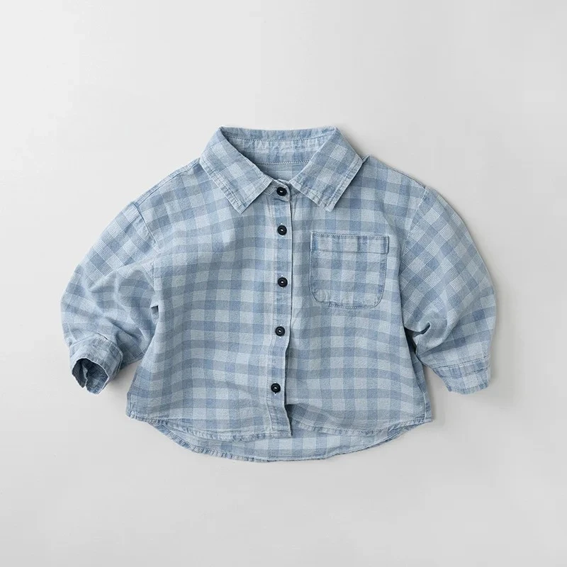 

Новые детские джинсовые рубашки с длинным рукавом на весну 2026 года для мальчиков, топы с отложным воротником, джинсовые кардиганы для девочек, детские блузки, одежда для малышей