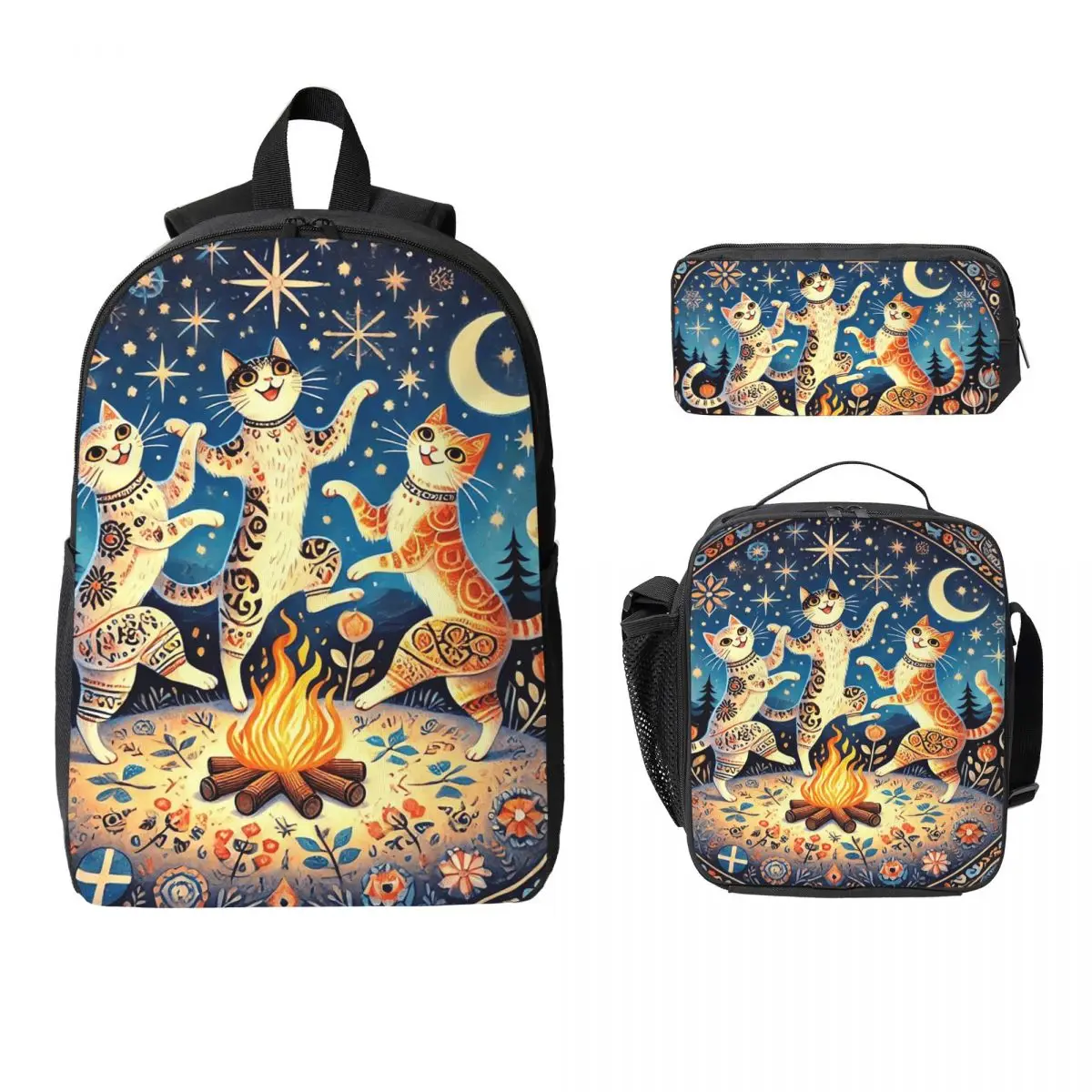 Cat Bonfire Dance Party Backpack Student BookBag School Bag Laptop Shoulder Bags 3ps Insulated Lunch Bag Pencil Case