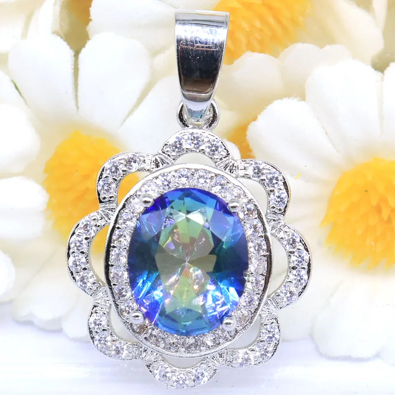 Buy 4 Get 1 Free 29x19mm Fancy Fire Rainbow Mystic Topaz Violet Topaz Real Green Emerald White CZ Engagement Silver Pendant